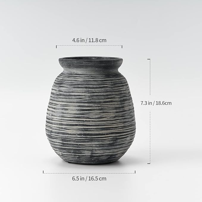 SIDUCAL Ceramic Rustic Farmhouse Flower Vase, Pottery Decorative Flower Vase for Home Decor, Table, Living Room Decoration, Shelf Decor, Mantel, 7.3 Inch, Black