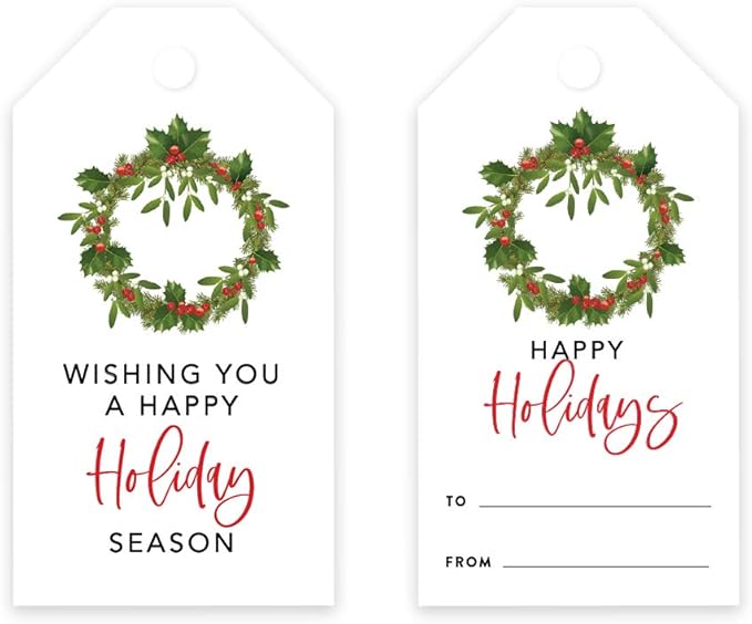 Andaz Press Christmas Holiday Season Classic Gift Tags, Happy Holidays to from and Wishing You A Happy Holiday Season, Christmas Wreath with Berries Design, Holiday Events, Parties, Favors, 60-Pack