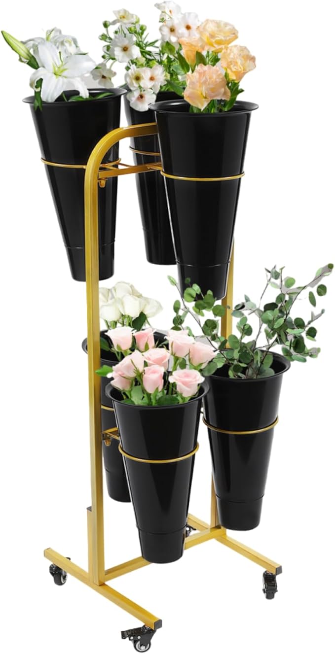 Flower Display Stand with 6 Buckets, Moving Plant Cart Shelf With Wheels and Bucket, Iron Florist Shelf, Indoor Outdoor Flower Rack for Home Patio Balcony (Black)