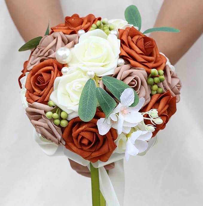 Lightweight Bridal Wedding Bouquet Round Holding Bouquet Throw Toss Artificial Rose Flower Bunch for Bride Bridesmaid Wedding Quinceanera (Cream, Coral & Rosy Brown, 7.9")