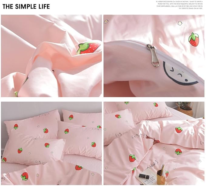 AOJIM Strawberry Kids and Adults Duvet Cover Queen Size, 100% Cotton Pink Anime Bedding Comforter Cover Set 3pcs with Zipper Closure, 1 Cute Soft Quilt Cover and 2 Pillowcases for Room Decor, No Duvet