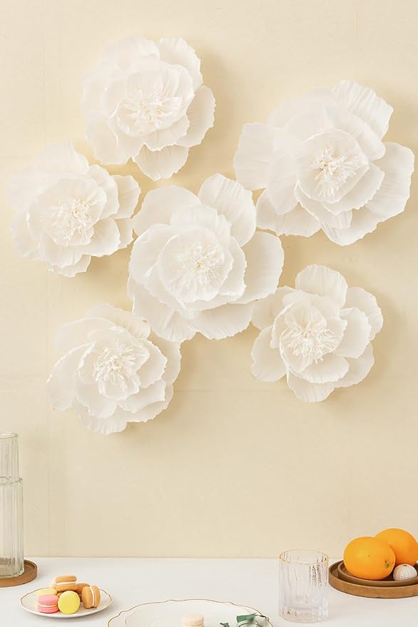 Crepe Paper Flowers Decoration for Wall, Artificial Flowers for Wedding Decor,Flower Backdrop Decor,Baby Shower,Birthday Party,Photo Backdrop,Archway Decor, Nursery Wall Decor(White,Set/6)