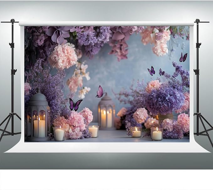 YongFoto Elegant Flower Wall Backdrop 8x6.5ft Floral Butterfly Candle Photography Background Baby Bridal Shower Wedding Girl Birthday Party Banner Room Decor Portrait Photoshoot Wallpaper Photo Booth