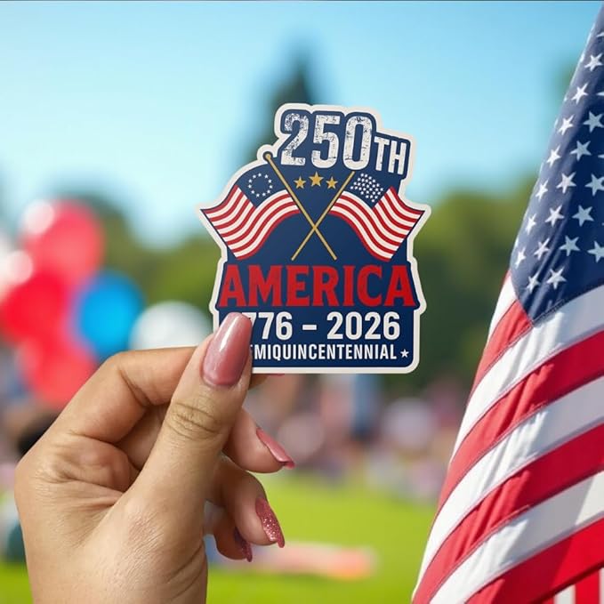 HANDICHI Design 5-Pack 3 Inch USA 250th Anniversary Stickers, Waterproof Patriotic Vinyl Decals with American Flag (1776–2026)