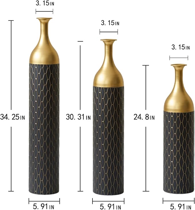 Metal Floor Vases Decorative Tall, Set of 3 Flower Arrangement Stand, Gold＆Black Metal Floor Vases for Living Room Corner, Entryway & Bedroom, 34", 30", 24.8" H (Gold＆Black)