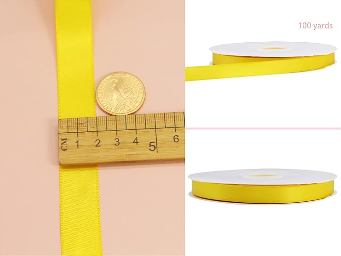 Yellow Double Faced Satin Ribbon 7/8 Inch - 100 Yards Continuous Soft Gift Wrapping Package Ribbon for Invitations, Flower Bouquets, Weddings, Bows, Hair Decoration, Valentine's Day, and Mother's Day