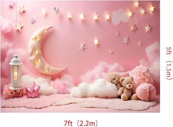 7x5ft Pink Cotton Cloud Backdrop Pink Flowers Moon and Stars Light Decor Cute Teddy Photography Background Children Baby Shower Backdrops for Shoot Photo Video Prop