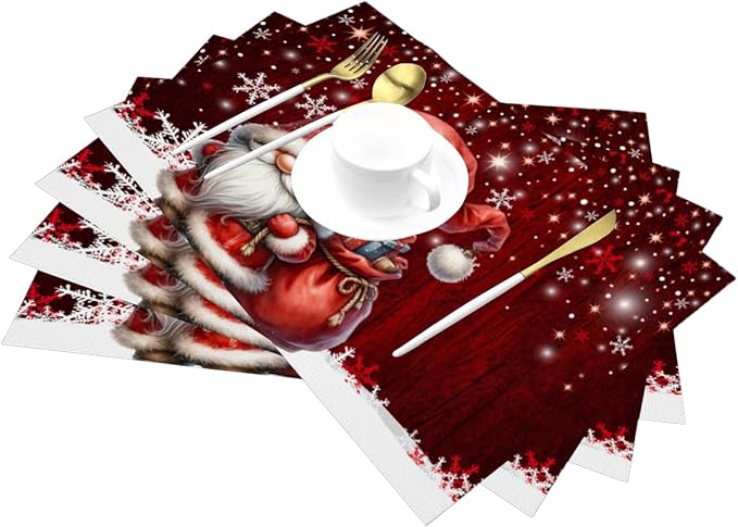 PVC Placemats Set of 4 Wipeable Table Mats Washable Heat Resistant Non Slip Vinyl Dining Table Mat for Kitchen Indoor Outdoor Patio Farmhouse Place Mats Red Santa Claus Gnome Decorative