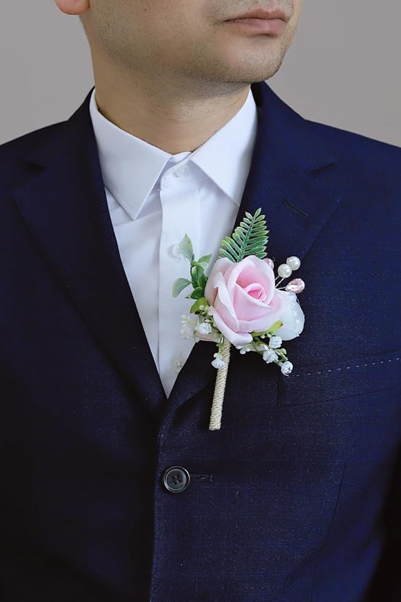 Pink Corsage and Boutonniere Set, Prom Wedding Homecoming Wrist Corsage Wristlet and Boutonniere Set for Grooms Groomsmen Guest Bridal Bridesmaid Artificial Flower Suit Decoration