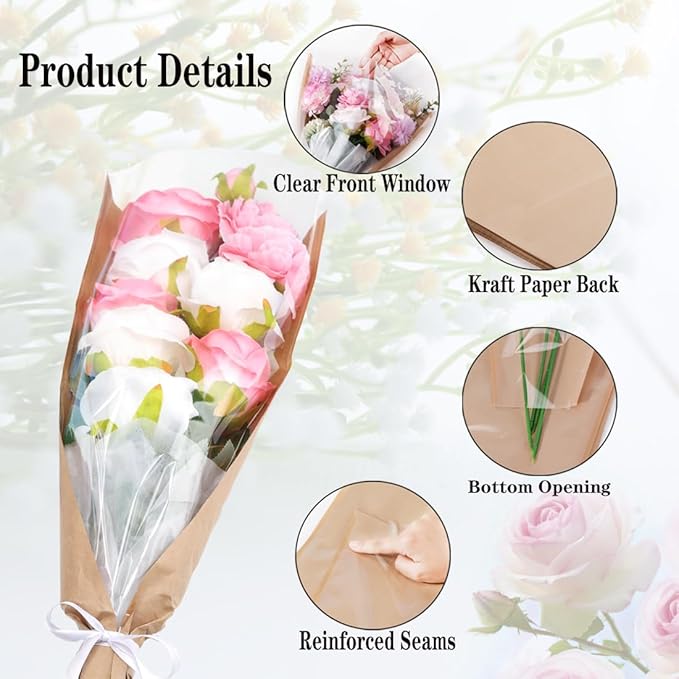 HSONAIGEE 50 Pieces Flower Bouquet Wrapping Paper, 24.8 x 8.7 x 4.7 Inch Flower Bags for Bouquets Kraft Floral Wrap Sleeves with Ribbons for Home Mother’s Day Wedding Flower Bar Supplies