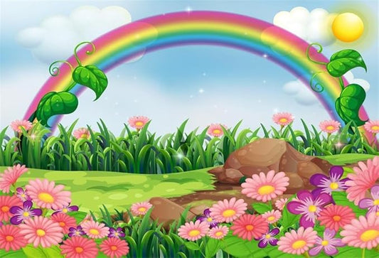 AOFOTO 5x3ft Cartoon Spring Flowers Rainbow Backdrop Meadow Sweet Floral Blossom Sky Sun Enchanting Garden Scenery Background for Kids Baby Shower Birthday Party Decor Wallpaper Photoshoot Props