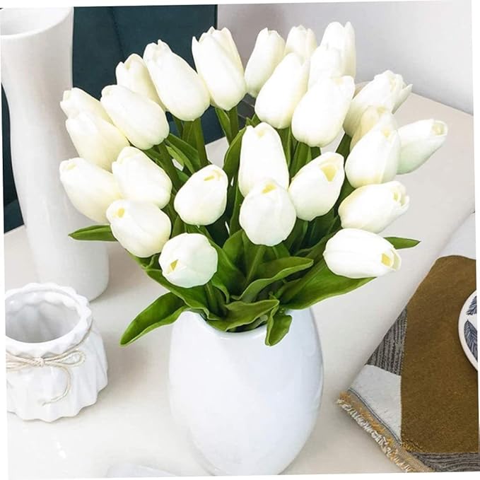 Artificial Tulips Flowers Real Touch Tulips Holland PU Bouquet Latex Flower White for Wedding Party Office Home Kitchen Decoration 30pcs (White)