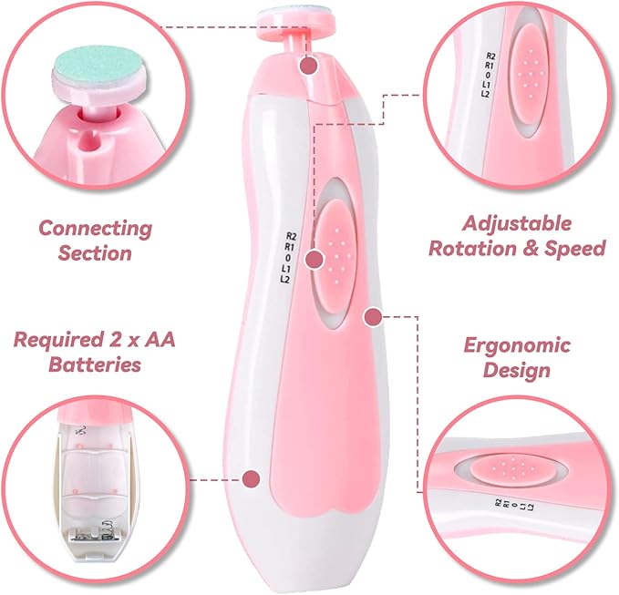 Baby Nail Trimmer File with Light - Safe Electric Nail Clippers Kit for Newborn Infant Toddler Kids Toes and Fingernails - Care, Polish and Trim - Battery Operated (AA), Pink