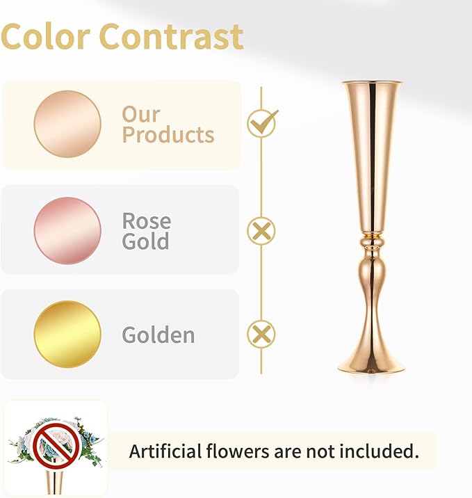 NUPTIO Gold Tall Centerpiece Table: 21.9" Trumpet Vases for Wedding Metal Flower Stand for Party Decorations Set of 10