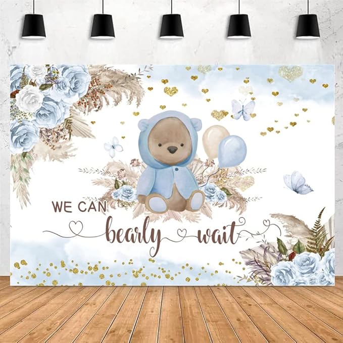Boy We Can Bearly Wait Backdrop Boho Baby Shower Party Backdrop 8x6ft Blue Floral Boho Pampas Grass Bear Baby Shower Photography Background Birthday Party Background Cake Table Decor