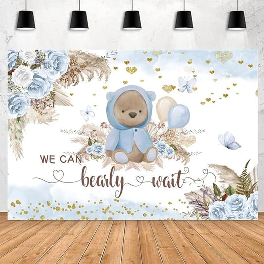 We Can Bearly Wait Boho Baby Shower Photography Backdrop 7x5ft Blue Floral Boho Pampas Grass Bear Portrait Photo Backdrop