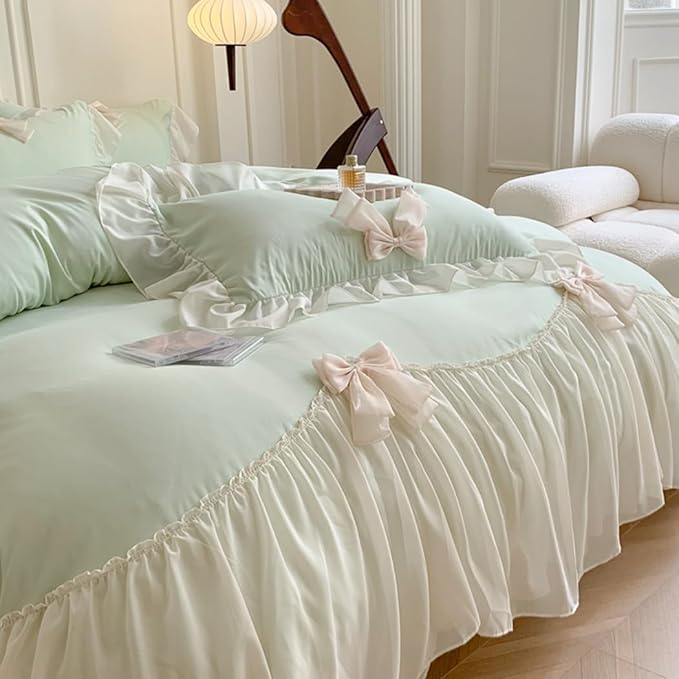 Girls Lace Bedding, Queen Comforter Cover Set, Chic Ruffled Duvet Cover with Lovely Bow,Princess Style 1 Duvet Cover with 2 Pillowcases, No Comforter-Green,Queen Size