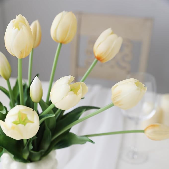 15 Pcs Off White Artificial Flowers Tulips Real Touch Latex Plastic Soft Faux Bouquets for Party, Wedding, Home, Room, Garden Decor