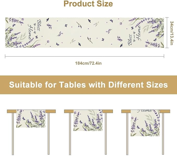 Purple Floral Table Runner, Spring Summer Watercolor Lavender Flower Country Farmhouse Coffee Table Center Decor for Home Kitchen Dining Patio Holiday Party Table Decorations 13x90 inches