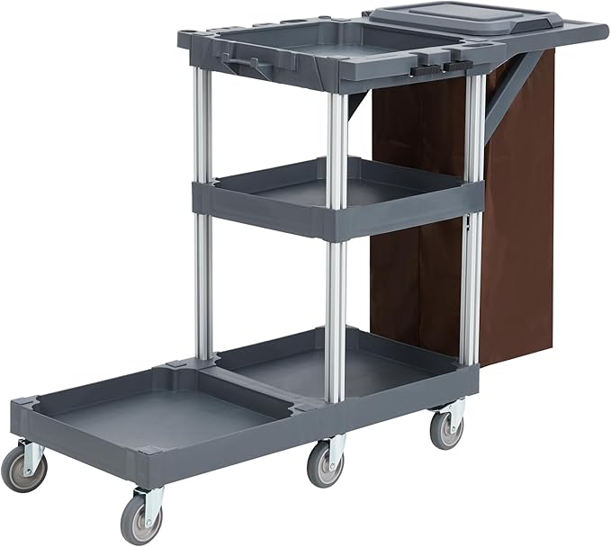 Heavy Duty Janitorial Cleaning Cart on Wheels – 3 Shelves, 220 Lbs Capacity, Cover & Large Vinyl Bag – Utility Housekeeping Caddy for Hotels, Schools, Apartments and More
