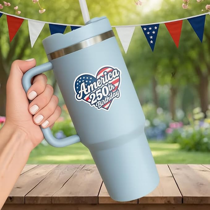 HANDICHI Design 5-Pack 5 Inch America 250th Birthday Stickers – Patriotic Heart-Shaped USA Flag Vinyl Decals – Waterproof 1776–2026 Independence Day Stickers for USA 250th Anniversary Celebration