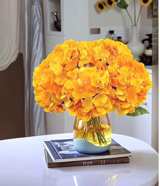 2Bouquets Artificial Fake Flowers Plants Silk Hydrangea Arrangements Wedding Bouquets Decorations Plastic Floral Home Kitchen Garden Party Festival Bar DIY(Yellow,5 Flower Heads)