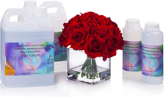Enova Floral Craft Water and Simulated Fake Water Flower Cast Crystal Epoxy Resin A/B Creates Clear Acrylic Water Simulation for Flower Arrangements (64OZ)