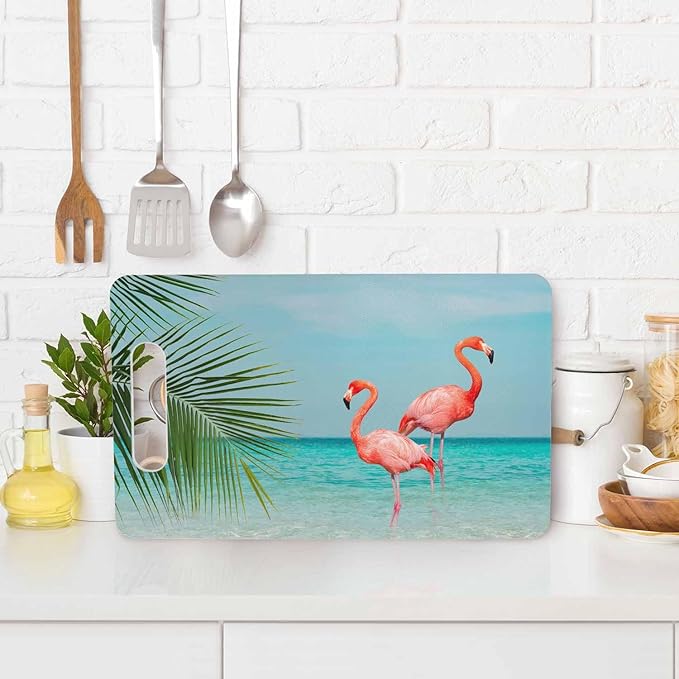 Flamingo Cutting Board with Handles Bird Blue Sea Sunny Sky Clouds Leaves Cutting Boards Plastic Safe Chopping Board for Kitchen 16" x 10" x 0.24"
