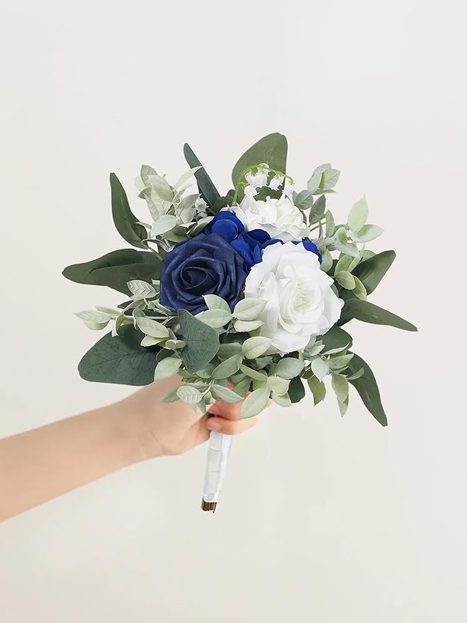 Rinlong Navy Blue Bridesmaids Bridal Bouquet Artificial Wedding Bouquets for Bride Bridesmaid Silk Bouquet for Wedding Prom Homecoming 7.5 Inches