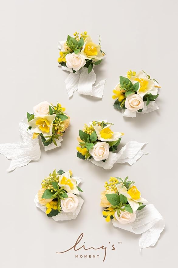 Ling's moment 6pcs Wedding Wrist Corsage Artificial Flowers, Girl/Mother Homecoming Prom Corsages Wristlet Décor, etc. Yellow Blush
