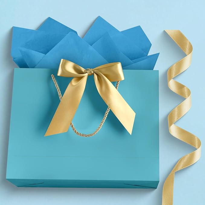 JMANNI 1PCS Large Gift Bag with Ribbon and 1 Greeting Card 2 Tissue Papers, Portable Paper Gift Bag with Handles, Birthday Gift Bags,Present Bags for Wedding Party,Mothers Day12.6" x 9.8" x 3.9"(Bule