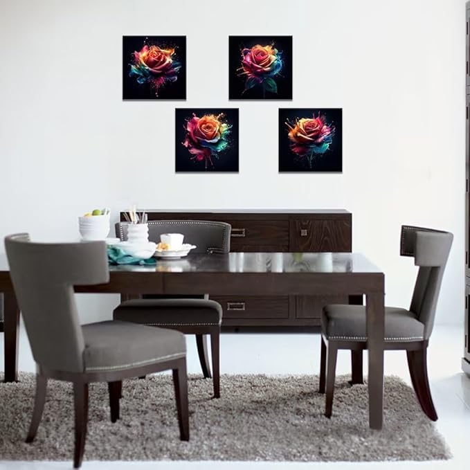 Pankila Colorful Rose Wall Art Rose Floral Pictures Canvas Prints Abstract Rose Flower Wall Decor for Living Room Bedroom Bathroom Home Decorations Framed Artwork (16''W x 16''H x 4)