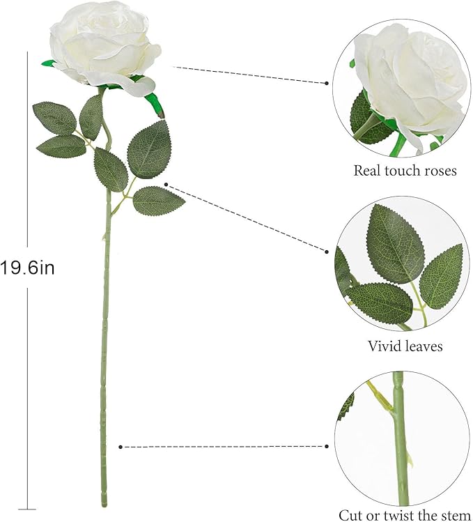 Luyue 10PCS Artificial Roses Flower with Stems Slik Fake Flowers Bouquet Realistic Long Stem Faux Rose for Wedding Home Decor