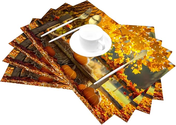 PVC Placemats Set of 4 Wipeable Table Mats Washable Heat Resistant Non Slip Vinyl Dining Table Mat for Kitchen Indoor Outdoor Patio Farmhouse Place Mats Autumn Pumpkin Maple Decorative