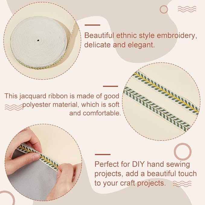 OLYCRAFT 20 Yards/18.3M Modern Sea Green Leaf Striped Jacquard Polyester Ribbon Trim for DIY Sewing Crafts, Home Decor, Clothing Decoration