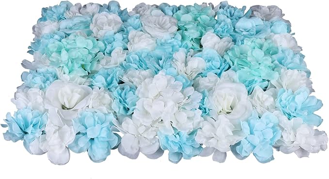 12PCS Flower Wall Panels, 3D Silk Floral Wall Backdrop, Realistic Blue Rose Hydrangea Flower Backplanes, Roll Up Fake Flower Background for Valentines Wedding Party Home Decoration