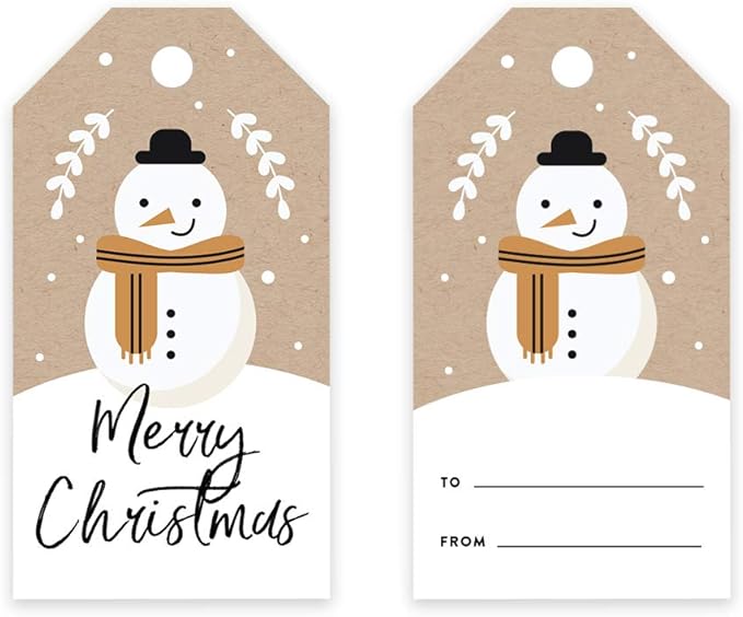 Andaz Press Christmas Holiday Season Classic Gift Tags, Merry Christmas to from Classic Favor Tags, Kraft Brown with Snowman with Scarf Design, for Holiday Events, Parties, and Favors, 60-Pack