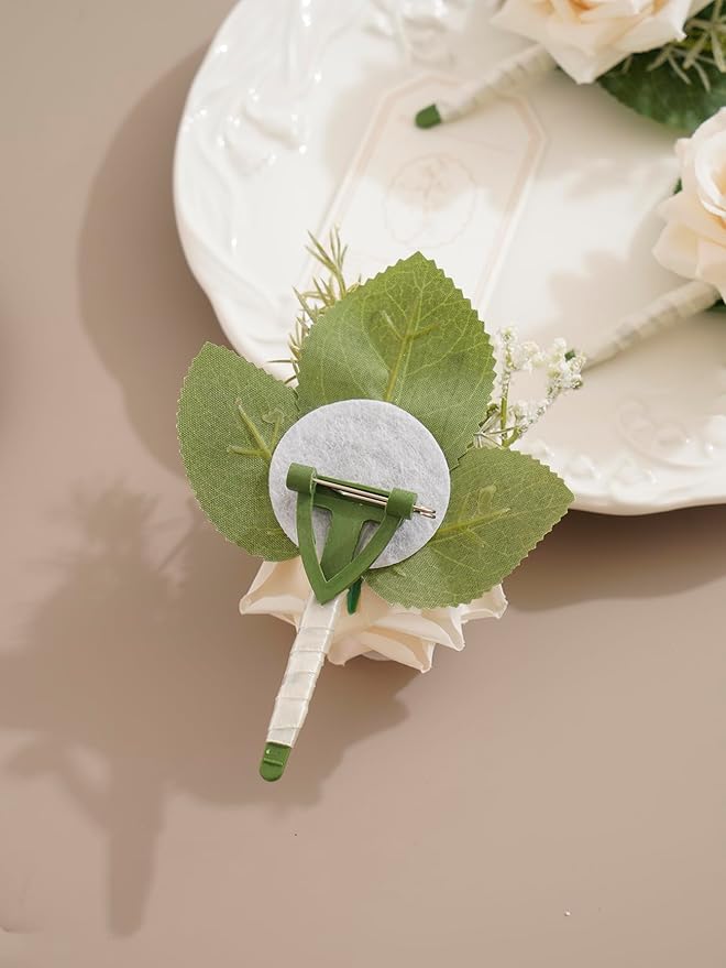 Champagne Rose Boutonnieres for Men Wedding with Pins, Set of 6, Baby's Breath Boutonniere for Best Men Groom Groomsmen Wedding Prom Homecoming