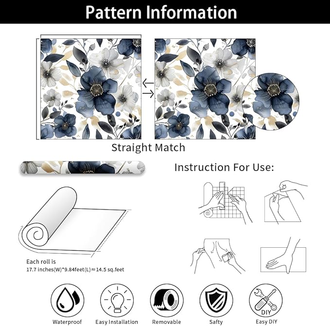 Floral Peel and Stick Wallpaper - Vintage Dark Blue/Gray Flower Boho Wallpaper - Removable, Renter Friendly - 17.71'x236.2'