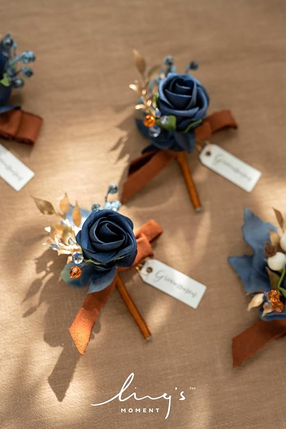 Ling's moment Boutonniere for Men, 6pcs Groom Groomsmen Boutonniere, Artificial Flowers for Wedding Decor/Prom/Homecoming, etc.Burnt Orange Navy Blue