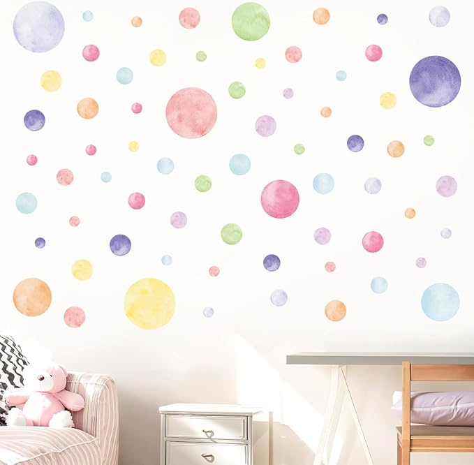 AOWDIAO 68 Large Watercolor Polka Dot Wall Decals, Peel and Stick Vinyl Stickers for Girls Bedroom, Nursery, Playroom, Classroom Pastel Decor