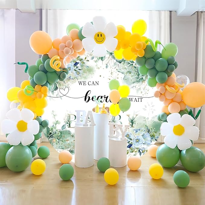 OERJU 5x5ft Bear Baby Shower Round Backdrop We Can Bearly Wait Lovely Photography Background Green Leaves Floral Circle Backdrop Cover Birthday Gender Reveal Party Decoration Photo Booth Props
