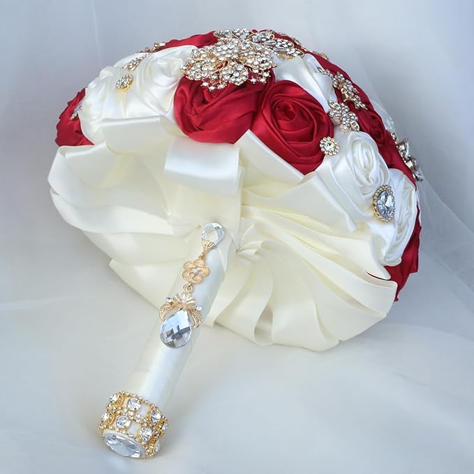 Handmade Satin Rose Floral Bling Pearl Decor Bridal Wedding Bouquet Rhinestone Pendant Artificial Brooch Flowers for Bride Bridesmaid Quinceanera