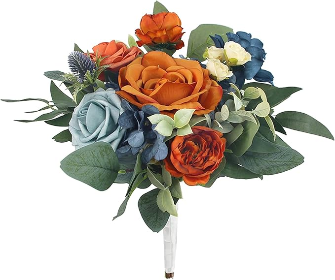 Rinlong 1Pc Fall Wedding Bouquets for Bridesmaids Bride Terracotta Navy Blue Artificial Bridesmaid Bridal Bouquet for Wedding Prom Burnt Orange Navy Blue
