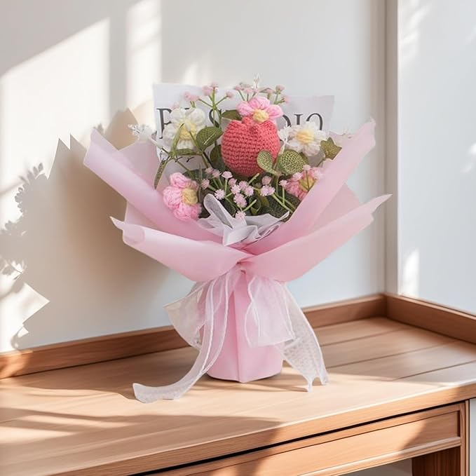 Crochet Flowers Bouquet Crochet Tulip Flower Pink Crochet Knitted Flowers for Teacher's Day Mother's Day Valentine's Day Birthday Home Decor(Medium-Pink Tulip)