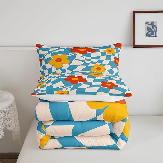 Castle Fairy Kids Vintage Groovy Daisy Flowers Queen Size Comforter Set,Abstract Blue Plaid Down Comforter Adults Bedroom Decor,70s Hippie Floral Ultra Soft Microfiber Inner Fill 3Pcs Bedding