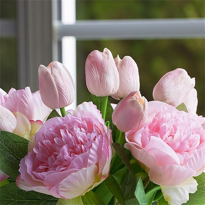 ENOVA FLORAL Artificial Flower Arrangement with Vase, Faux Flower in Vase, Mixed Artificial Real Touch Tulip and Fake Silk Peony Flower in Vase for Decoration Home Office Centerpiece (Pink)