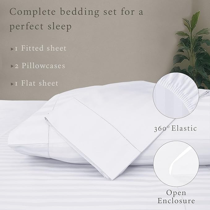 Threadmill 500 Thread Count Full Size Damask Stripe, 4 Pc Luxury Cotton Sheet Set, Silky Smooth Hotel White Sheets with 16" Elasticized Deep Pocket, 2 Pillowcases & Free Tote Bag