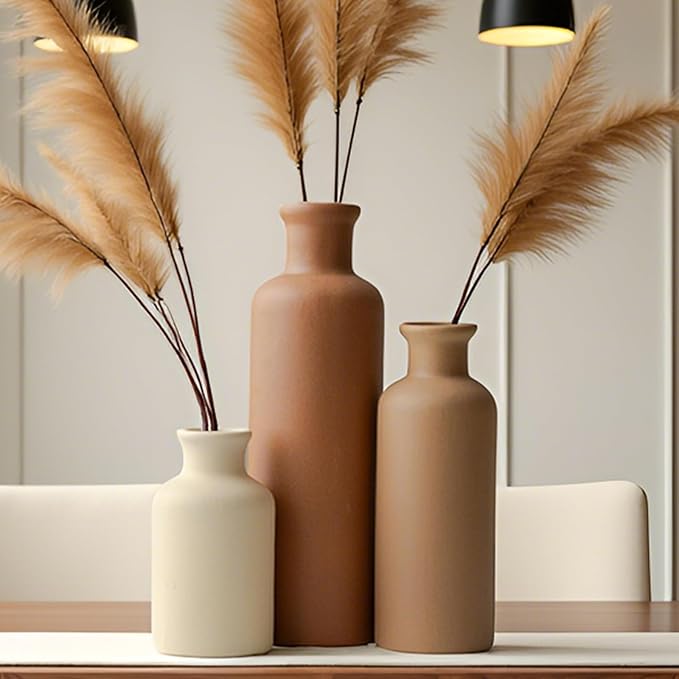 Modern Ceramic Vase Set of 3, Neutral Colors, Decorative Bottles for Home, Earth Tone Farmhouse Rustic Decor (Coffee Mix)