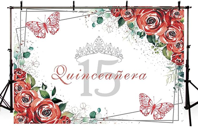 SENDY 8x6ft Quinceañera Backdrop Mis Quince 15 Anos Birthday Party Decoration Supplies for Girl Princess Red Floral Flower Butterfly Silver Crown Photography Background Banner Photo Booth Studio Props